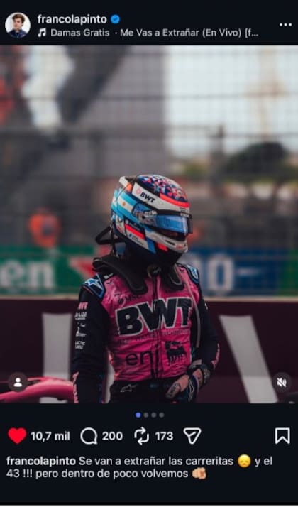 El posteo original de Colapinto que llamó la atención