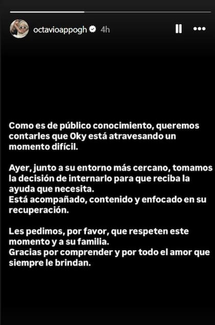 El posteo que realizó el círculo íntimo de Octavio en sus redes para comunicar sobre su estado de salud actual