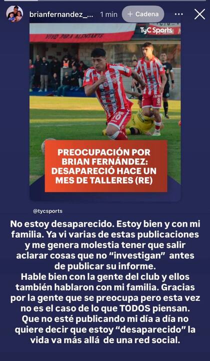 El posteo que subió Brian Fernández a sus redes sociales luego de su larga ausencia