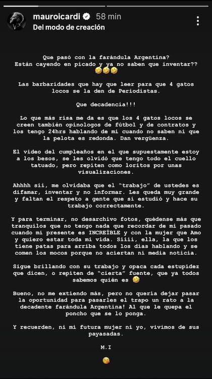 El posteo realizado por Mauro Icardi contra la prensa argentina