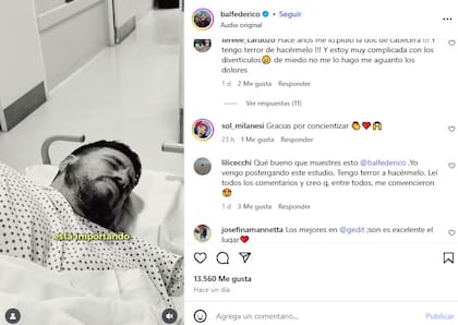 El posteo reflexivo de Federico Bal sobre el análisis del cáncer de colon y la reacción de sus seguidores