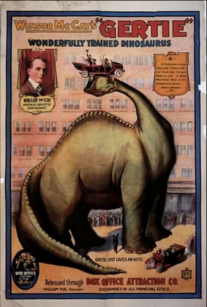 El poster Gertie a su estreno en cines, en 1914, que publicitaba que se trataba de una dinosauria "maravillosamente entrenada"