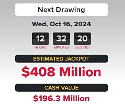 El pozo de Powerball para este miércoles 16 de octubre es de US$408 millones