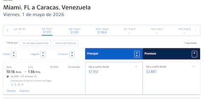 El precio de los boletos de Miami, Florida, a Caracas, Venezuela, el 1° de mayo