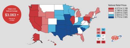 El precio promedio nacional podría caer por debajo de los 3 dólares por galón justo antes o poco después del Día de Acción de Gracias, según la AAA (AAA Gas Prices)