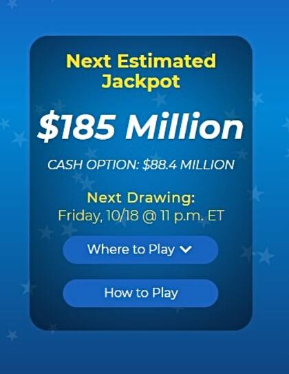 El premio mayor de Mega Millions para este viernes se estima en US$185 millones
