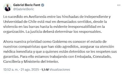 El presidente de Chile, Gabriel Boric, se manifestó sobre los incidentes entre los hinchas de Universidad de Chile e Independiente