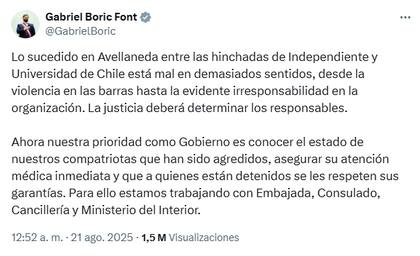 El presidente de Chile se manifestó sobre los incidentes en Avellaneda