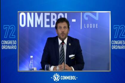 El presidente de Conmebol, Alejandro Domínguez, durante el congreso de la entidad, que por primera vez se realizó en forma virtual.