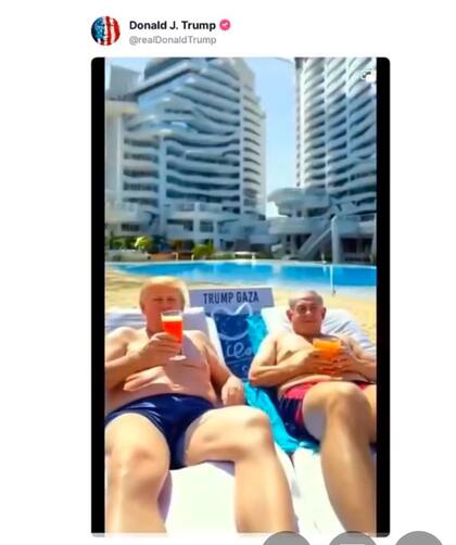 El presidente de EE.UU. Donald Trump y el premier israelí Benjamin Netanyahu, en las playas de "Trump Gaza", proyecto inmobiliario que Trump tiene pensado para el enclave palestino, según un video generado con IA publicado por el presidente.