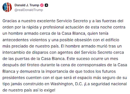 El presidente de Estados Unidos indicó que el hombre que abrió fuego en las inmediaciones de la Casa Blanca "tenía antecedentes violentos y una posible obesión con el edificio más preciado" de EE.UU.