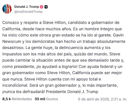 El presidente de Estados Unidos mostró su apoyo al candidato republicano y remarcó que le brindaría apoyo federal