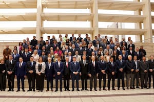 El presidente de la Corte Suprema, Horacio Rosati, junto a Carlos Rosenkrantz y Ricardo Lorenzetti en un encuentro de jueces de tribunales orales en San Juan