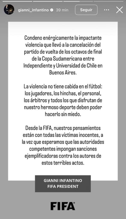 El presidente de la FIFA, Gianni Infantino, condenó enérgicamente los actos de violencia ocurridos en Avellaneda (Fuente: @gianni_infantino)