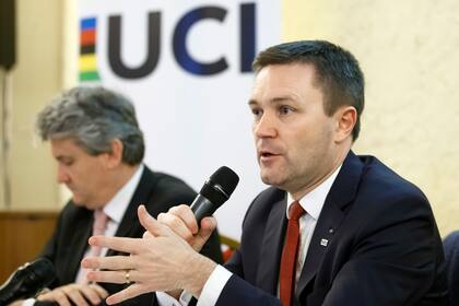 El presidente de la UCI David Lappartient, en una conferencia de prensa sobre el combate al fraude tecnológico, en marzo de 2019, en Ginebra.