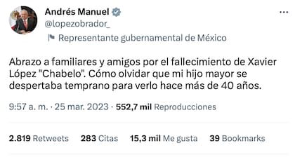 El presidente de México, Andrés Manuel López Obrador, lamentó el fallecimiento de Chabelo