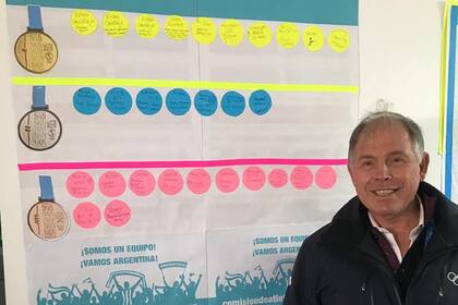 El presidente del Comité Olímpico Argentino, Gerardo Werthein, junto al medallero que los atletas argentinos armaron en la Villa Panamericana en Lima 2019