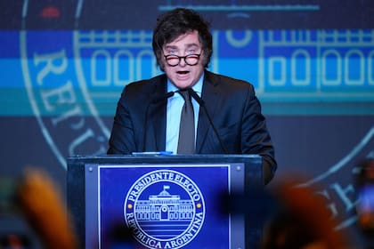 El presidente electo de la Argentina, Javier Milei, habla después de su victoria sobre Sergio Massa, ministro de Economía y candidato del gobernante peronismo, en la segunda vuelta presidencial en Buenos Aires, Argentina, el domingo 19 de noviembre de 2023 (AP Foto/Natacha Pisarenko)