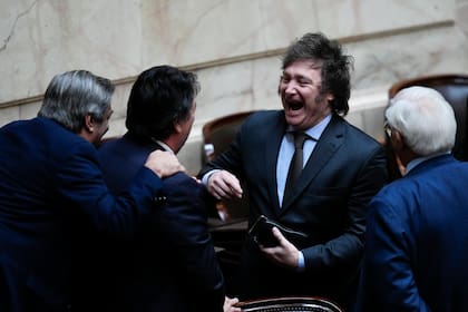 El presidente electo Javier Milei se ríe con los legisladores antes del inicio de una sesión conjunta del Congreso en la que se lo declaró oficialmente a él y a su compañera de fórmula ganadores de la segunda vuelta presidencial en Buenos Aires, Argentina, el miércoles 29 de noviembre de 2023. (AP Foto/Natacha Pisarenko)