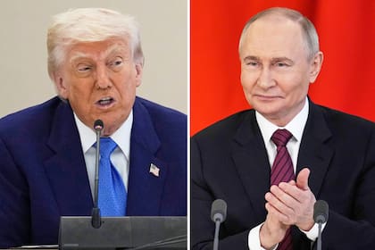 El presidente estadounidense Donald Trump (izq) en Abu Dabi, Emiratos Árabes Unidos el 16 de mayo del 2025; y el presidente ruso Vladimir Putin en Moscú el 10 de mayo del 2025. (Fotos de archivo de AP)