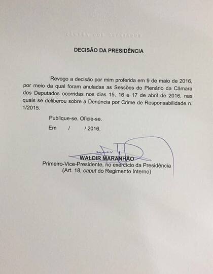El presidente interino de la Cámara baja Waldir Maranhão anunció que no intentará frenar el juicio político. Foto: O''''Globo