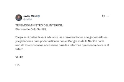 El presidente Javier Milei confirmó la designación de Diego Santilli como nuevo ministro del Interior con un posteo en X