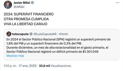 El presidente Javier Milei festejó el superávit financiero conseguido en el primer año de gobierno