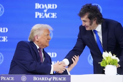 El presidente Javier Milei junto a su par norteamericano, Donald Trump, durante una reunión del Consejo de la Paz
