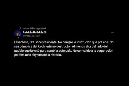 El presidente Javier Milei retuiteó el pedido de Patricia Bullrich a Victoria Villarruel