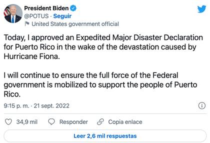 El presidente Joe Biden aprobó la declaración de desastre mayor para Puerto Rico