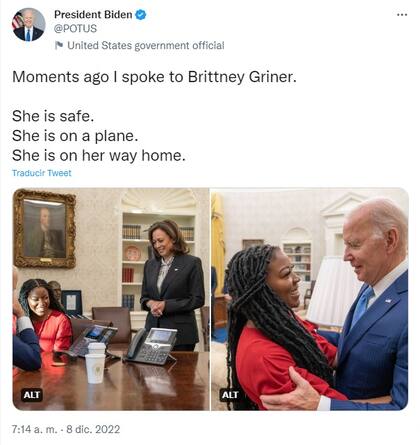 El presidente Joe Biden informó en Twitter sobre la liberación de Britney Griner