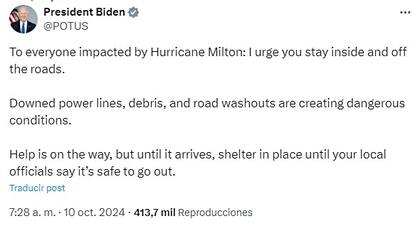 El presidente Joe Biden pide a los residentes de Florida permanecer en zonas seguras
