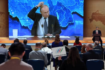 El presidente ruso, Vladimir Putin, durante su conferencia de prensa anual vía video