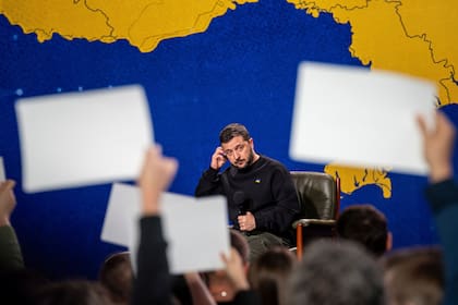 El presidente ucraniano, Volodimir Zelensky, durante una conferencia de prensa en Kiev, el 19 de diciembre