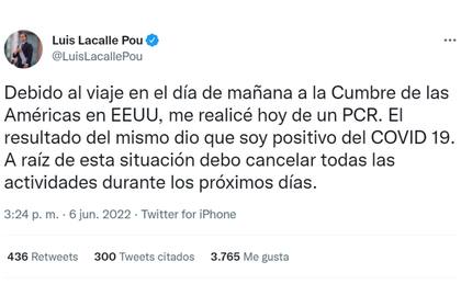 El presidente uruguayo, Luis Lacalle Pou, dio positivo en Covid-19 y no viajará a la Cumbre
