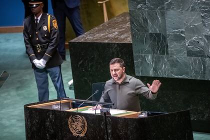 El presidente Volodimir Zelensky, en su discurso ante la Asamblea General de la ONU. (Michael Kappeler/dpa)