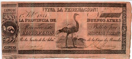 El primer animal autóctono: el Ñandú, en el billete cinco Pesos Moneda Corriente de 1841