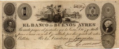 El primer billete argentino impreso en los Estados Unidos. Sobre la izquierda, aparece el retrato de Simón Bolívar. Del lado derecho, la cara de George Washington, idéntico al que se imprime aún hoy en el billete de 1 dólar