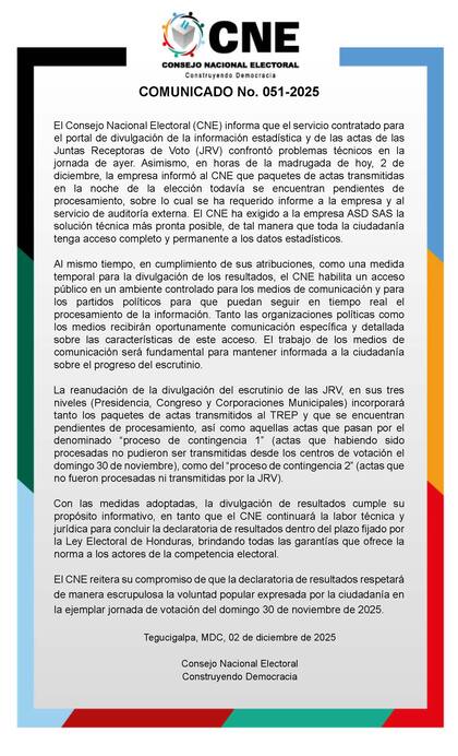 El primer comunicado del CNE de Honduras sobre los problemas en la divulgación de resultados de las elecciones