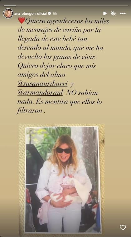 El primer descargo de Ana Obregón en sus redes sociales, donde desmiente que dos amigos hayan filtrado información a la prensa