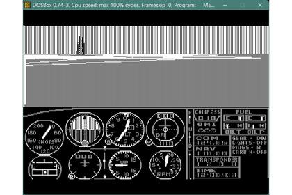 El primer Flight Simulator de 1982, listo para despegar; por la localización de Meigs Field, lo más usual era terminar en el agua. Splash! La captura fue tomada con el emulador de Jos Grupping