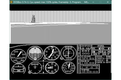 El primer Flight Simulator, listo para despegar. Fue lanzado en 1982, diez años antes que el Wolfenstein 3D, el truco estaba en convertir esa perspectiva en primera persona en algo más que unas cuantas rayitas y puntos