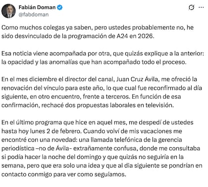 El primer fragmento del extenso posteo de Fabián Dóman tras su desvinculación