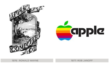 El primer logo de Apple, de 1976, fue diseñado por Steve Jobs y Ronald Wayne; el de 1977, con la primera versión de la manzana mordida, es de Rob Janoff