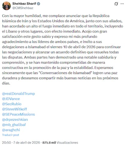 El primer ministro de Pakistán se refirió al alto el fuego alcanzado por Estados Unidos e Irán