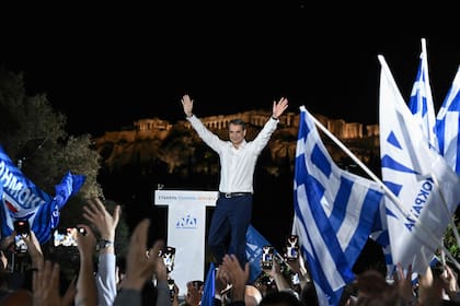 El primer ministro griego, Kyriakos Mitsotakis, durante un acto de campaña en Atenas