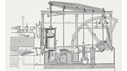 El primer motor de vapor de James Watt, aquí en la imagen, se pantentó 61 años antes de la construcción del primer ferrocarril comercial