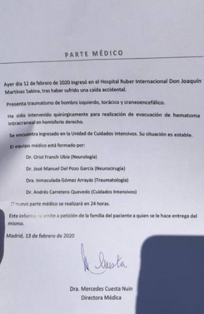 El primer parte médico del estado de salud de Joaquín Sabina