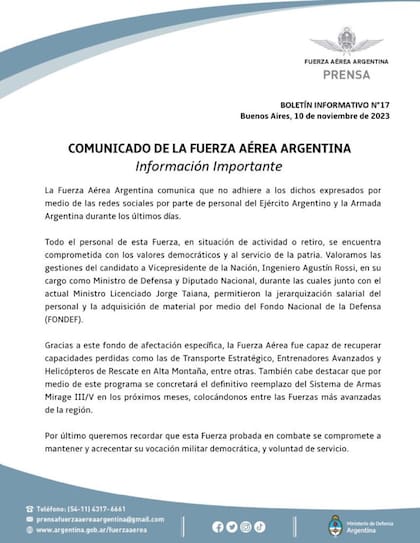 El primer pronun ciamiento atribuido a la Fuerza Aérea Argentina, luego desmentido