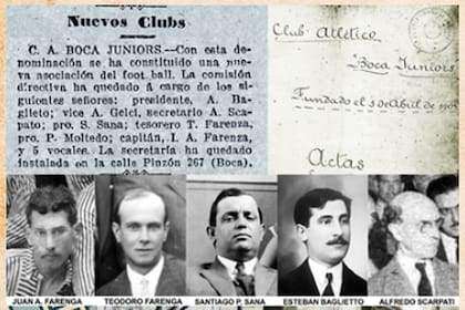 El primer recorte de diario donde figura la constitución del Club Atlético Boca Juniors, una acta de 1905 que reafirma la fecha de fundación y la foto de los cinco fundadores. (https://historiadeboca.com.ar/)